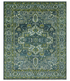 Antique Style Hand Knotted Teal, Gray and Green Traditional multi Size wool rug