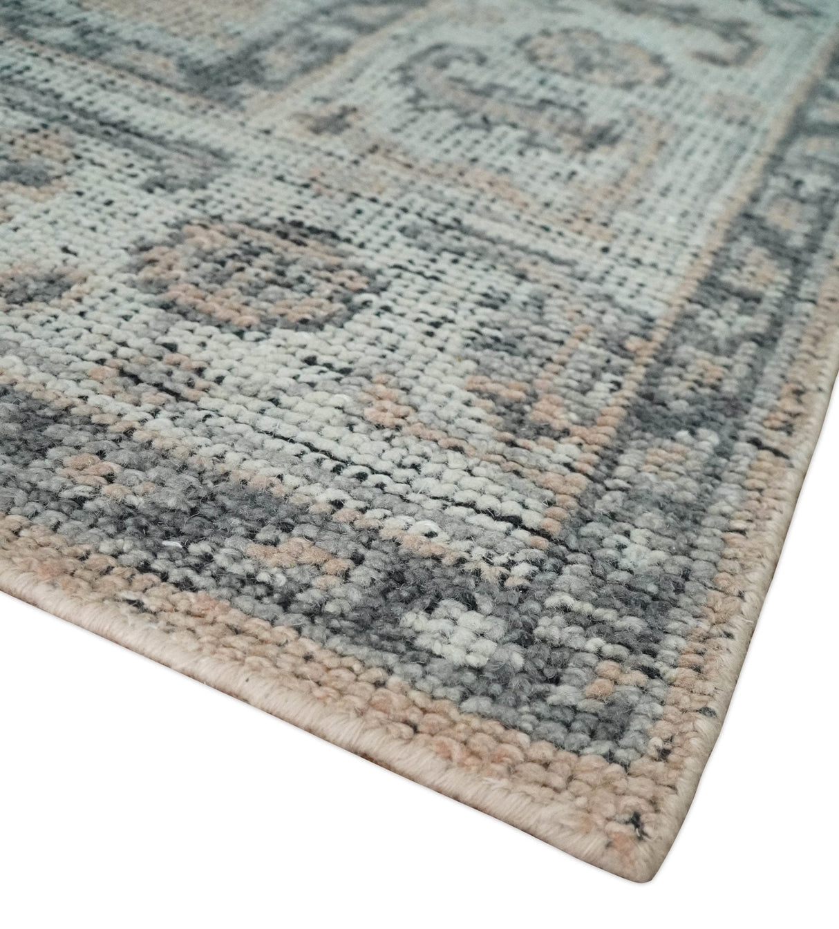Antique Style Peach, Ivory and Charcoal 8x10 Hand knotted Traditional wool Area Rug