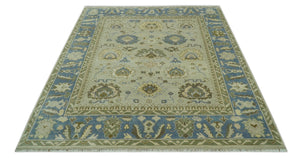 Antique Style Silver, Blue and Green 8x10 Hand Knotted Traditional Oushak wool area rug