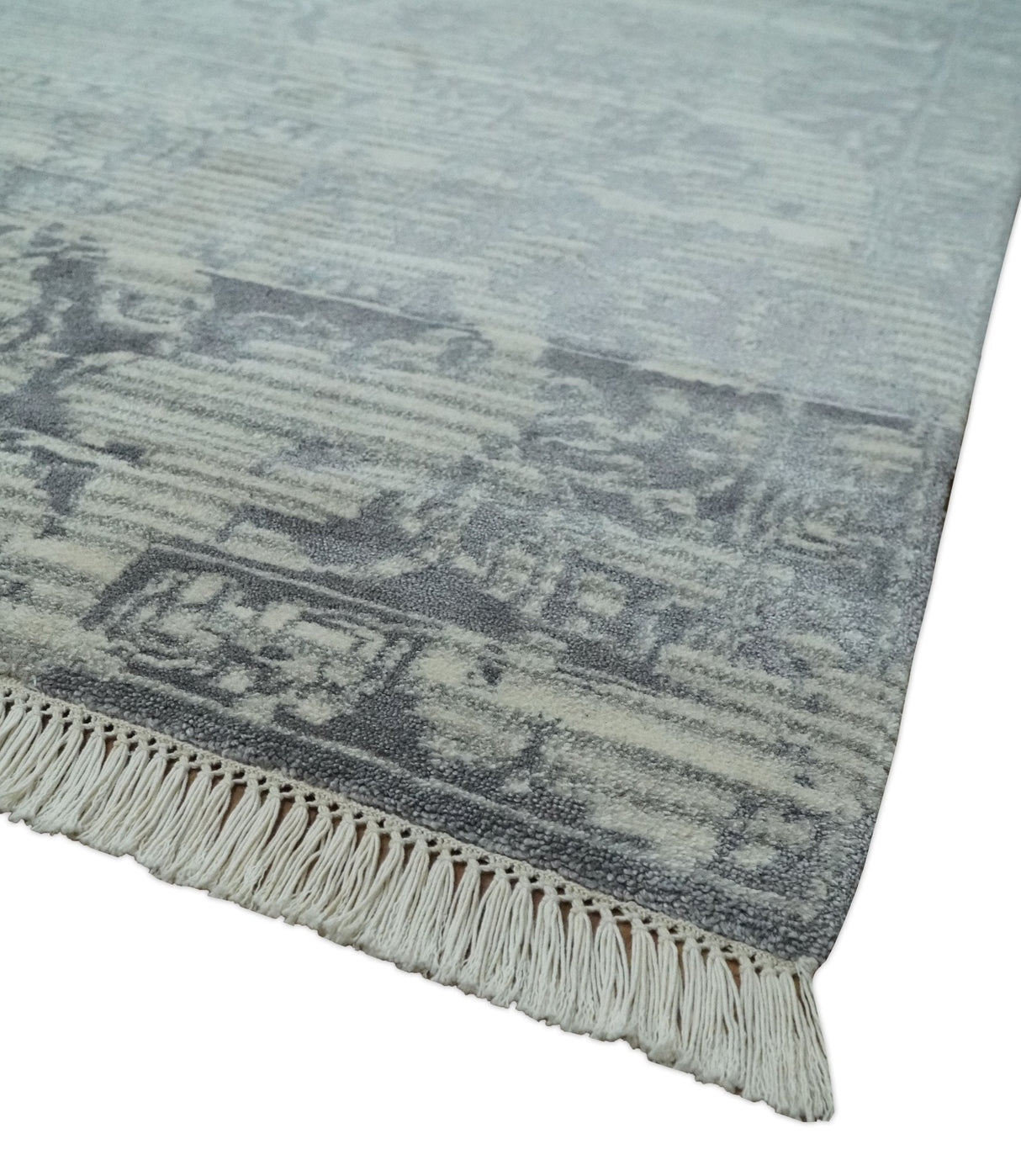 Antique Style transitional 8x11 Beige and Charcoal hand knotted Wool and art silk Area Rug