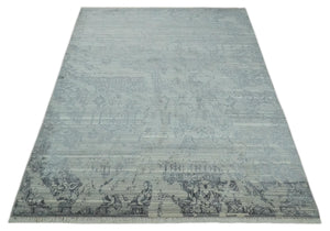 Antique Style transitional 8x11 Beige and Charcoal hand knotted Wool and art silk Area Rug