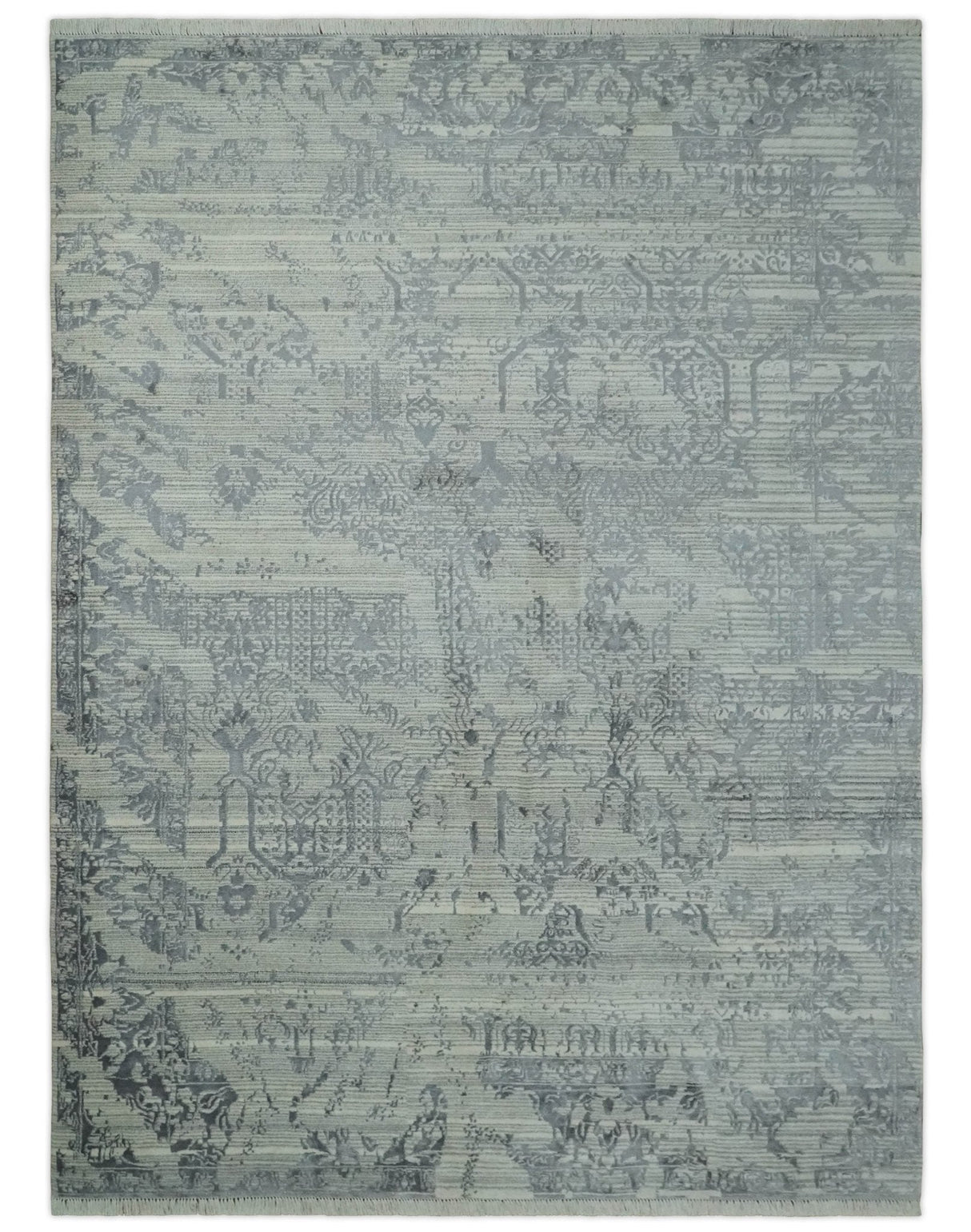 Antique Style transitional 8x11 Beige and Charcoal hand knotted Wool and art silk Area Rug