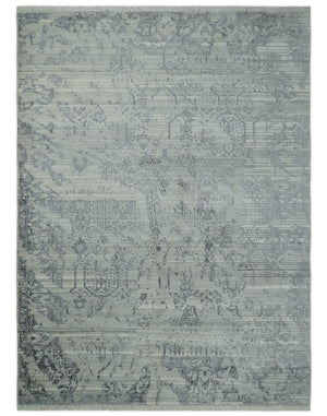 Antique Style transitional 8x11 Beige and Charcoal hand knotted Wool and art silk Area Rug