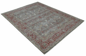 Antique Style Vintage Finish Low Pile Hand Knotted Gray, Silver and Rust Traditional Oushak Wool Rug | TRD2779