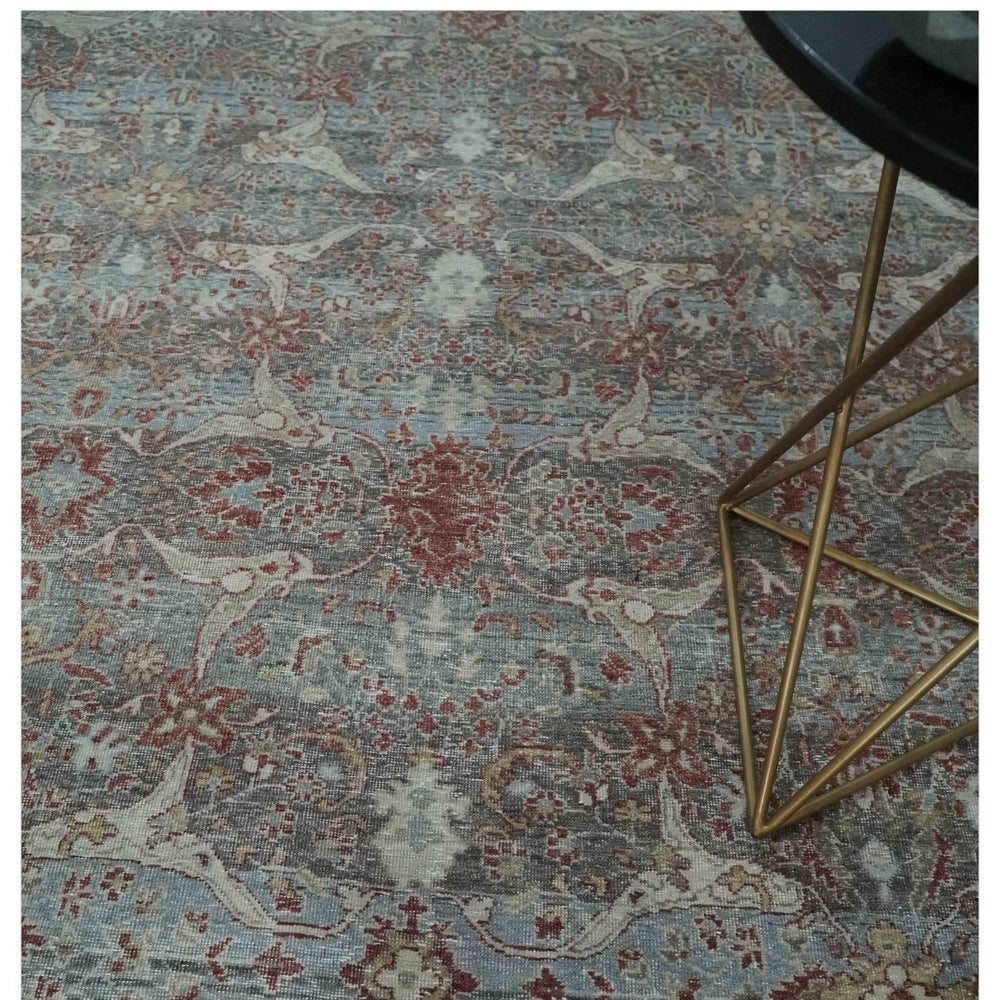 Antique Style Vintage Finish Low Pile Hand Knotted Gray, Silver and Rust Traditional Oushak Wool Rug | TRD2779