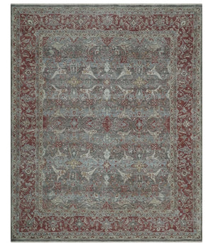 Antique Style Vintage Finish Low Pile Hand Knotted Gray, Silver and Rust Traditional Oushak Wool Rug | TRD2779