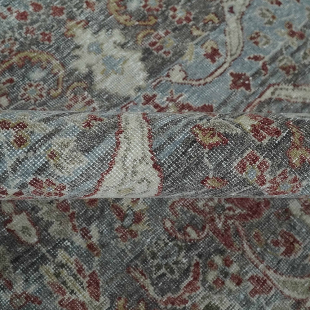 Antique Style Vintage Finish Low Pile Hand Knotted Gray, Silver and Rust Traditional Oushak Wool Rug | TRD2779