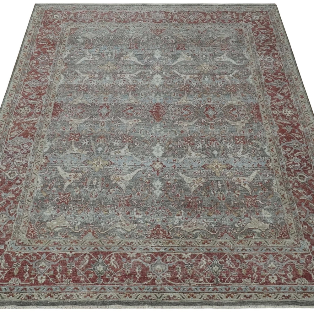 Antique Style Vintage Finish Low Pile Hand Knotted Gray, Silver and Rust Traditional Oushak Wool Rug | TRD2779