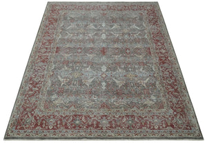 Antique Style Vintage Finish Low Pile Hand Knotted Gray, Silver and Rust Traditional Oushak Wool Rug | TRD2779