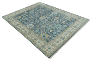 Custom Made Teal and Beige Hand Knotted Oriental Oushak Wool Area Rug