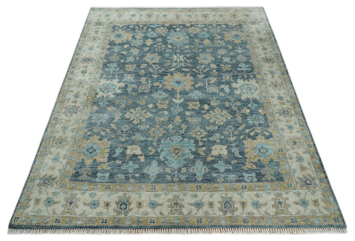 Custom Made Teal and Beige Hand Knotted Oriental Oushak Wool Area Rug