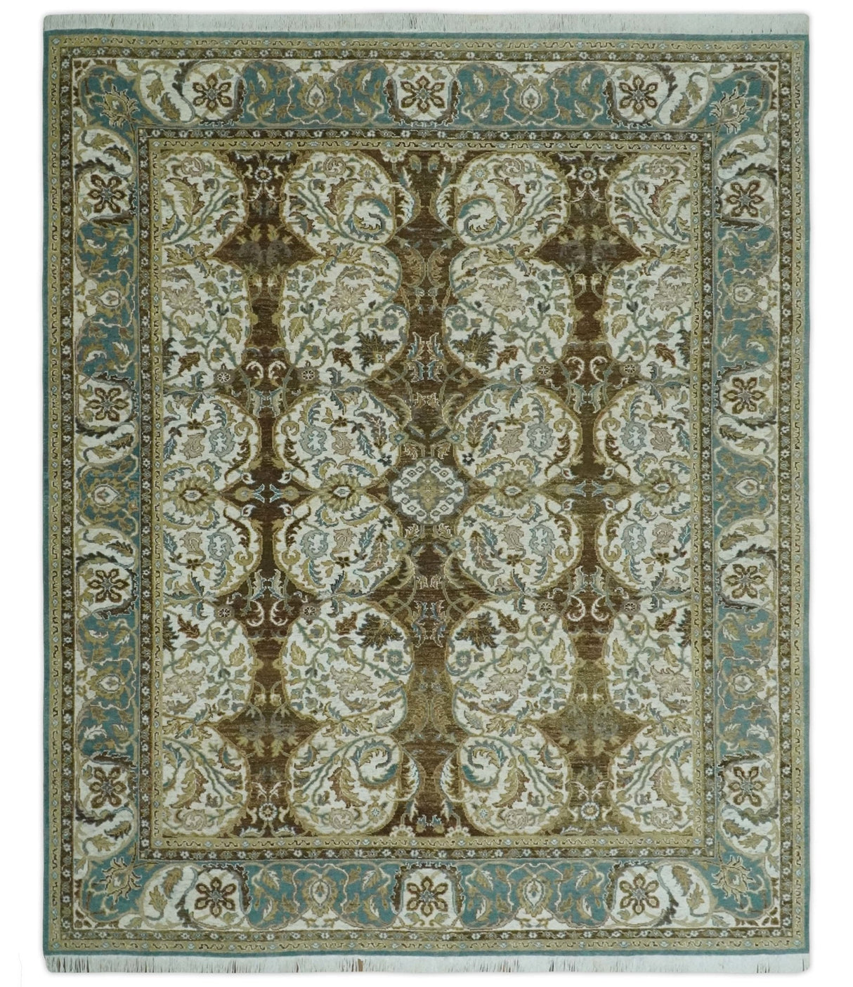 Antique Turkish 8x10 Hand Knotted Brown and Blue Wool Rug