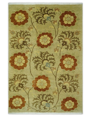 Antique Modern Floral Olive and Rust Hand Knotted Wool Rug