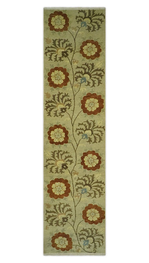 Antique Modern Floral Olive and Rust Hand Knotted Wool Rug