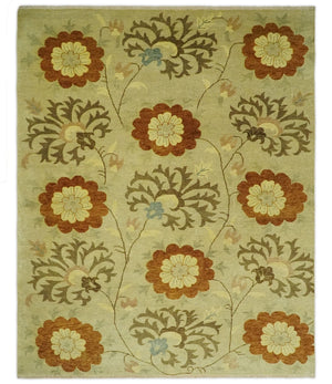Antique Modern Floral Olive and Rust Hand Knotted Wool Rug