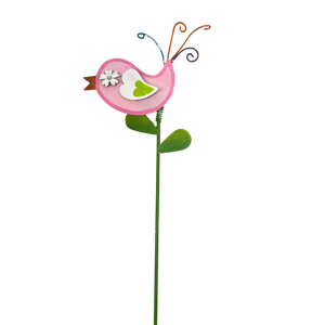 15 Inch Metal & Wood Spring Stake - Pink Bird