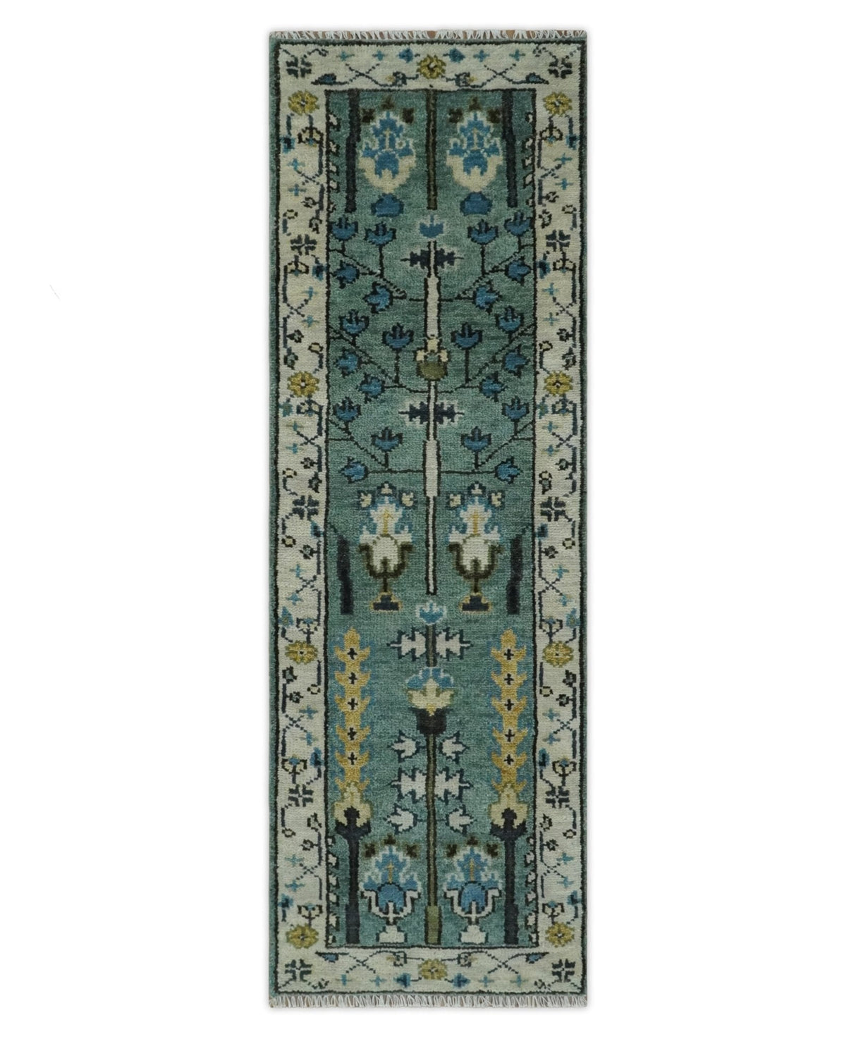 Custom Made Teal And Ivory Tree of life Hand Knotted Runner Rug