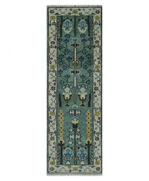 Custom Made Teal And Ivory Tree of life Hand Knotted Runner Rug