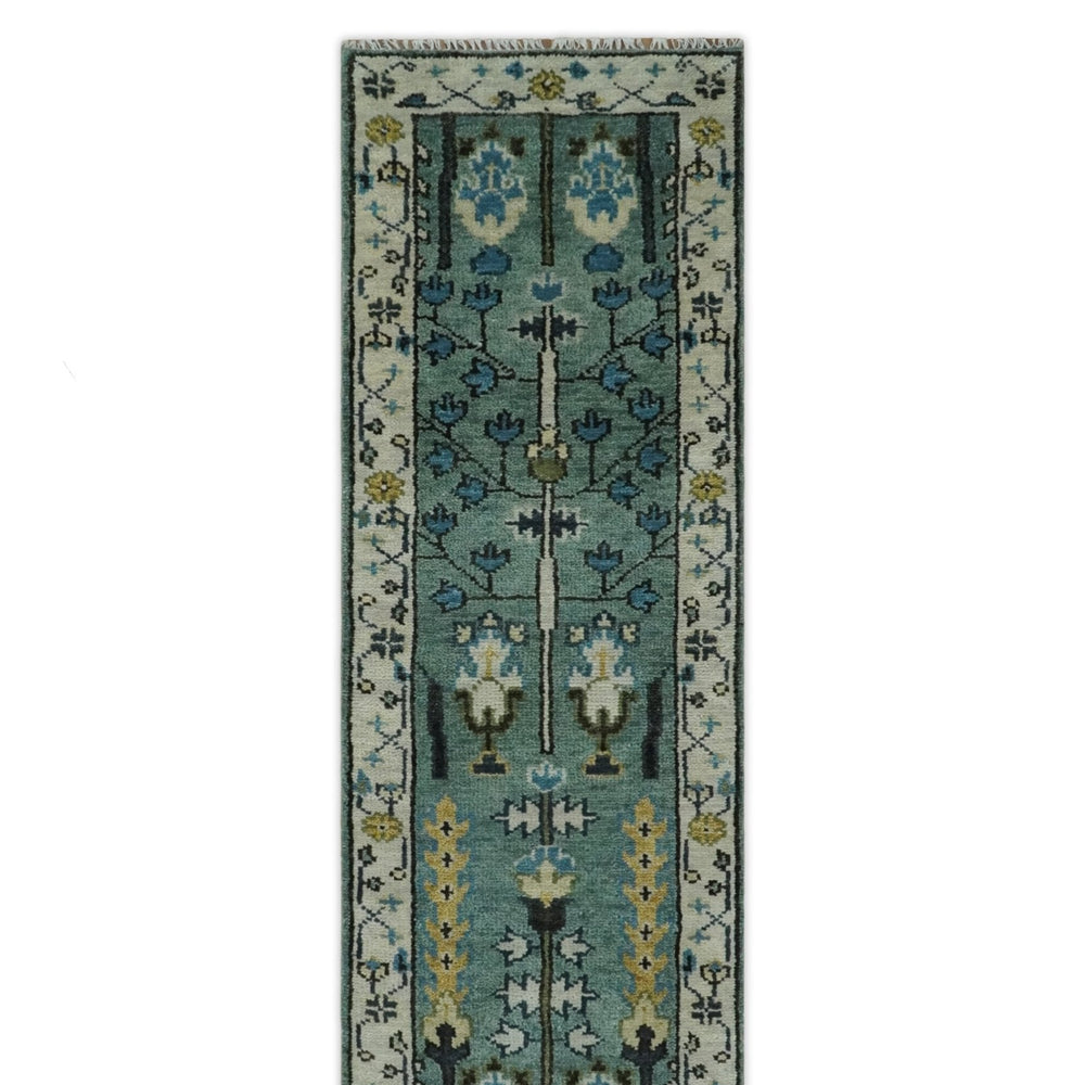 Aqua Hand Knotted Green and Ivory Traditional Turkish Vintage Style Wool Rug