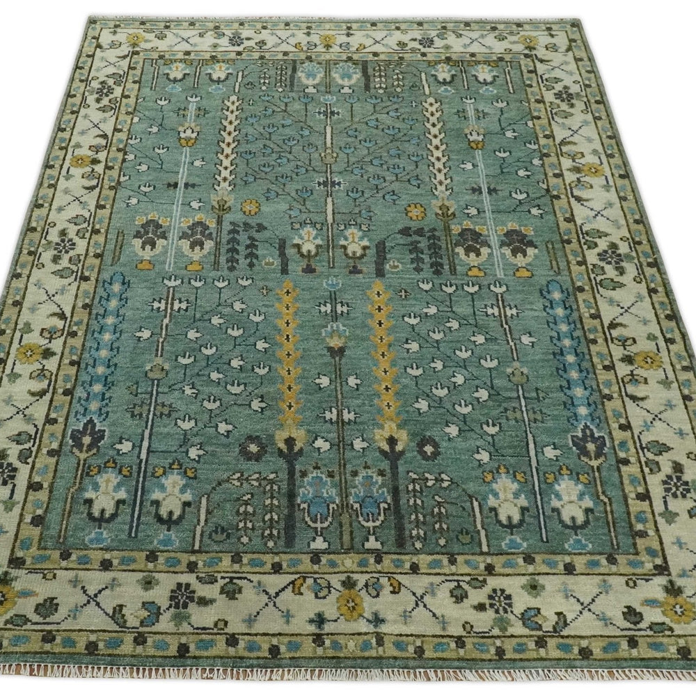 Aqua Hand Knotted Green and Ivory Traditional Turkish Vintage Style Wool Rug