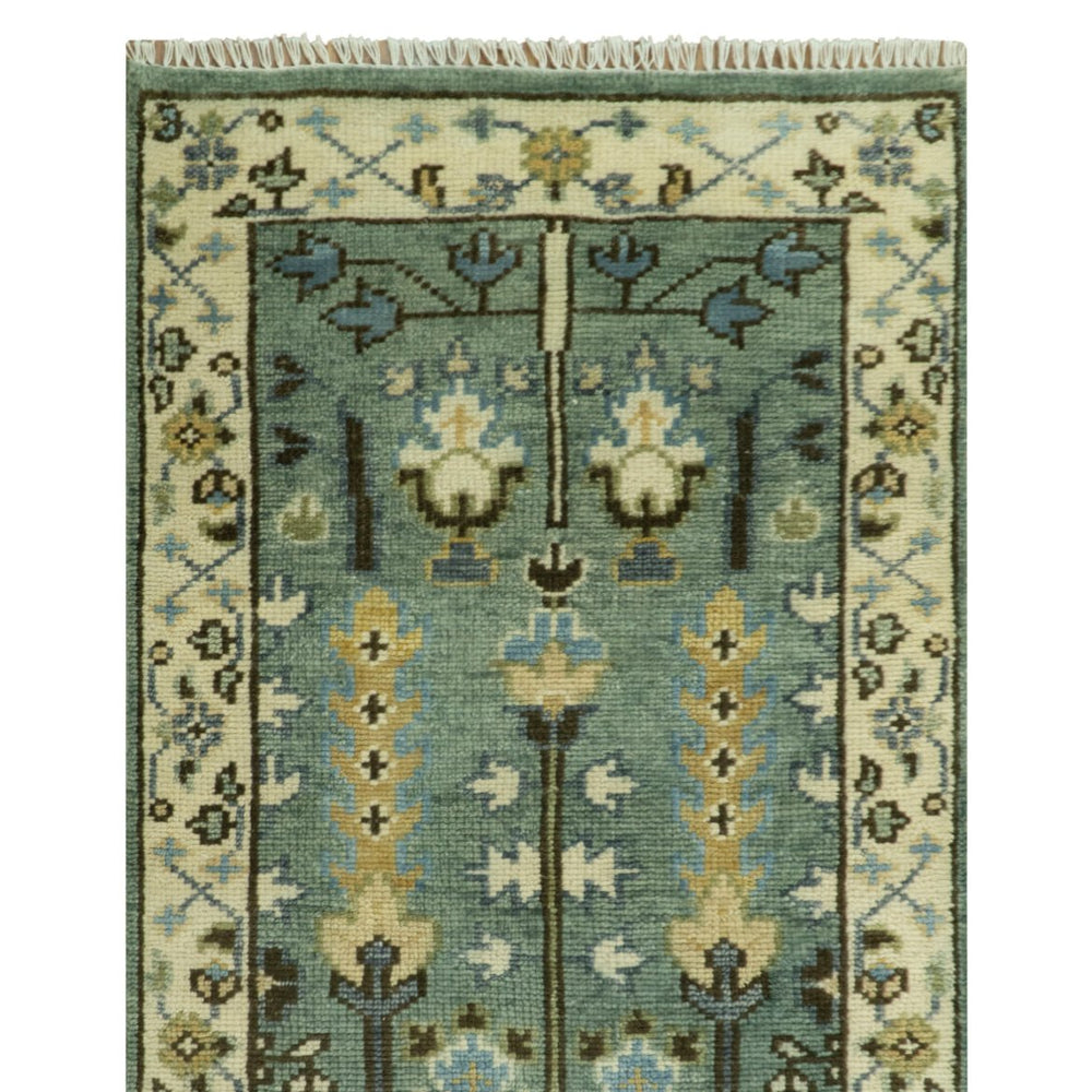 Aqua Hand Knotted Green and Ivory Traditional Turkish Vintage Style Wool Rug