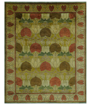 Art and Craft Design Olive Green And Brown Hand Knotted 8x10 Wool Area Rug