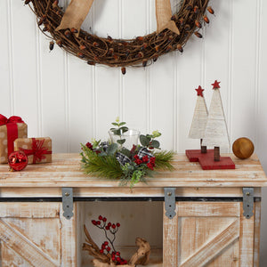 10” Evergreen Pine and Red Berries Artificial Christmas Candelabrum with Decorative Bows