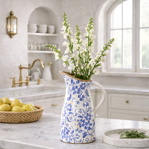 10.5” Floral Tuscan Ceramic Blue Scroll Pitcher Vase