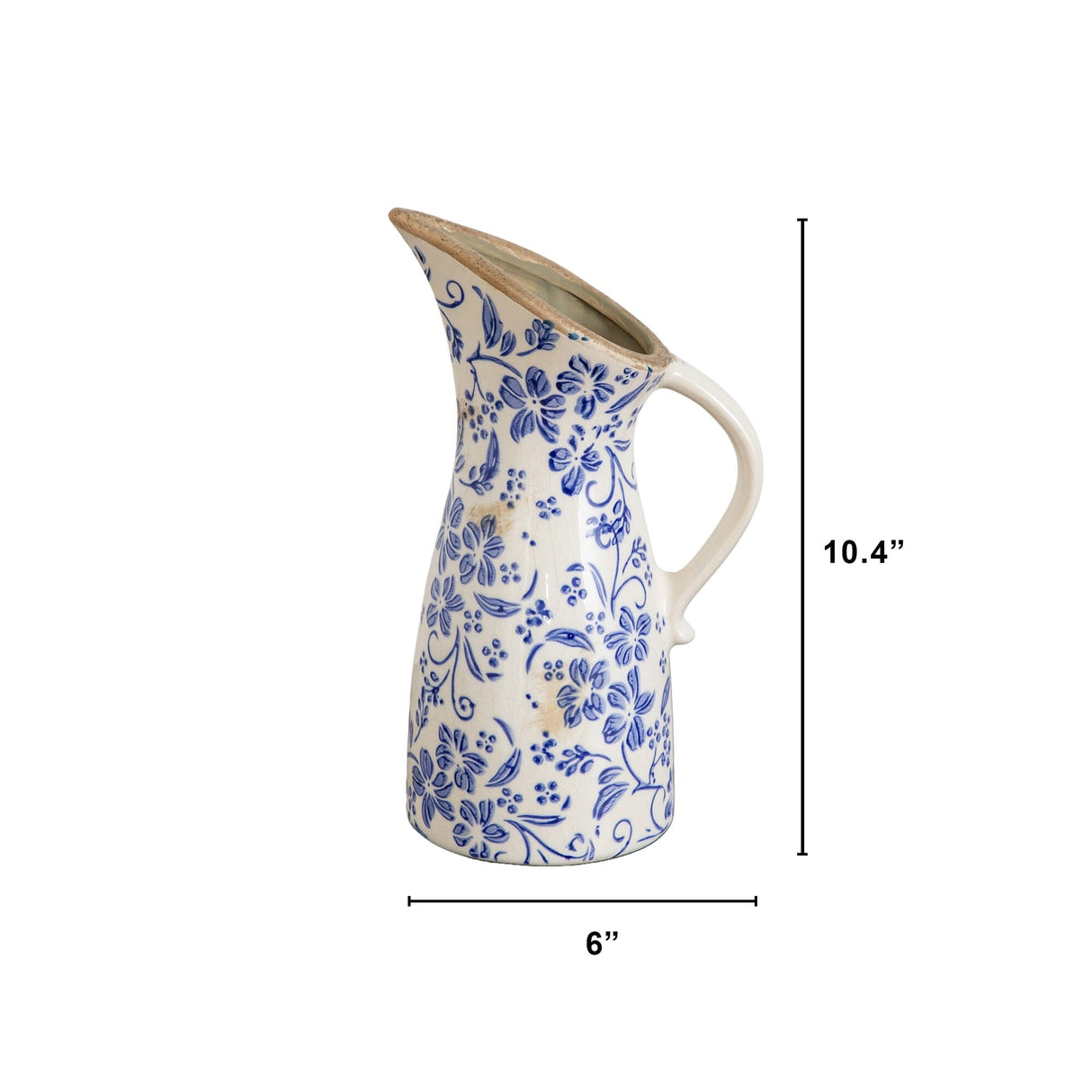 10.5” Floral Tuscan Ceramic Blue Scroll Pitcher Vase