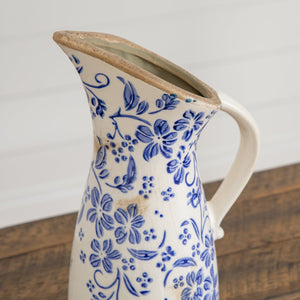 10.5” Floral Tuscan Ceramic Blue Scroll Pitcher Vase