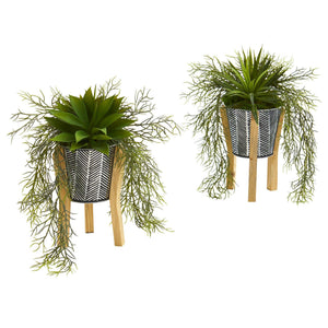 11” Agave Succulent Artificial Plant in Tin Planter with Legs (Set of 2)