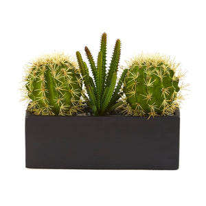11” Cactus Succulent Artificial Plant in Black Planter