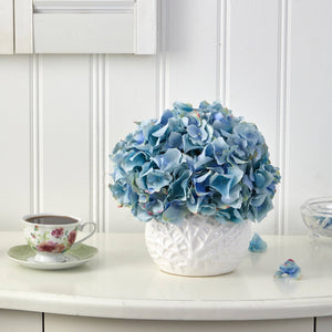 11” Hydrangea Artificial Arrangement in White Vase