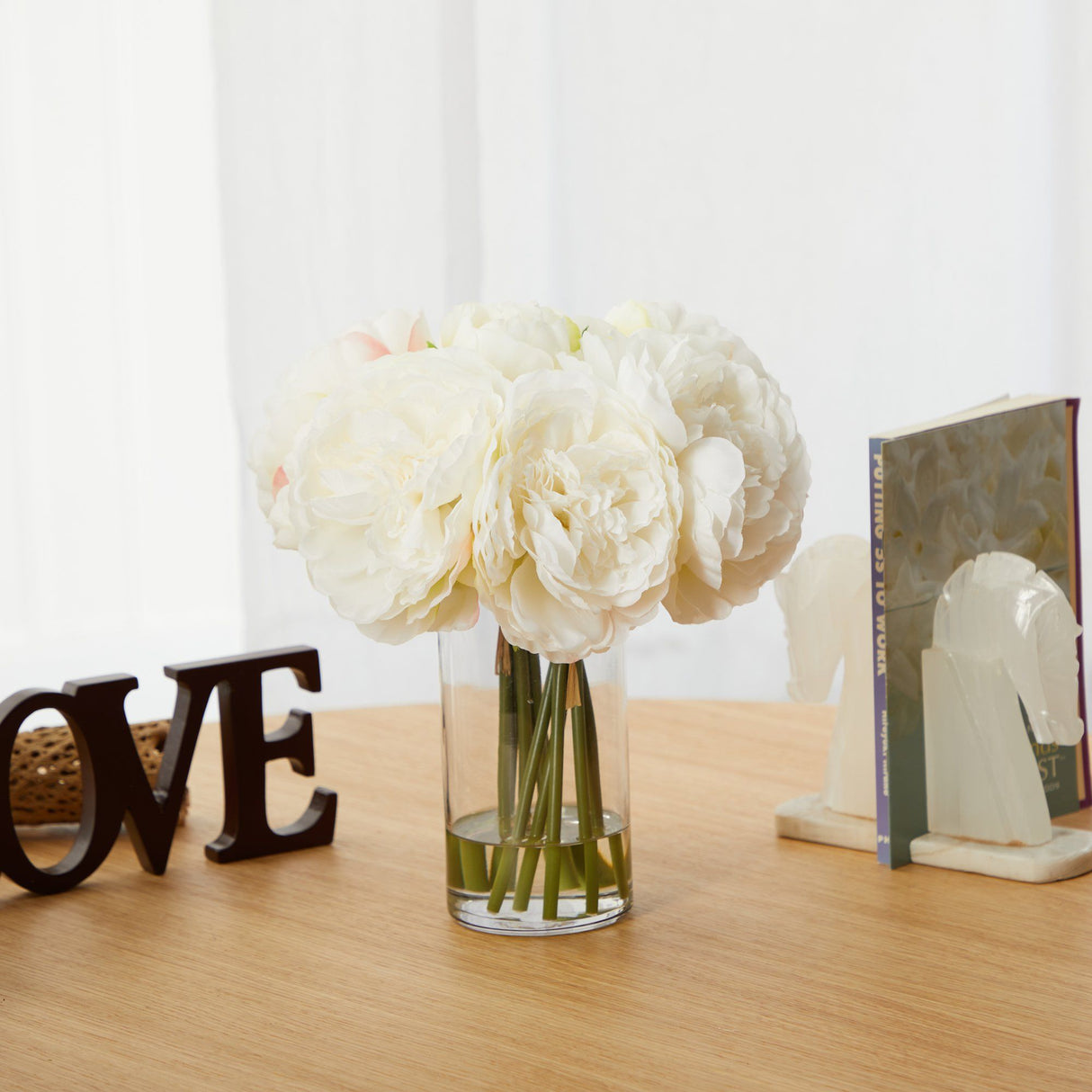 11” Peony Bouquet Artificial Arrangement in Glass Vase
