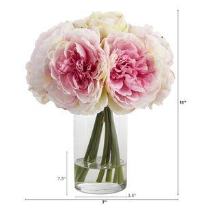 11” Peony Bouquet Artificial Arrangement in Glass Vase