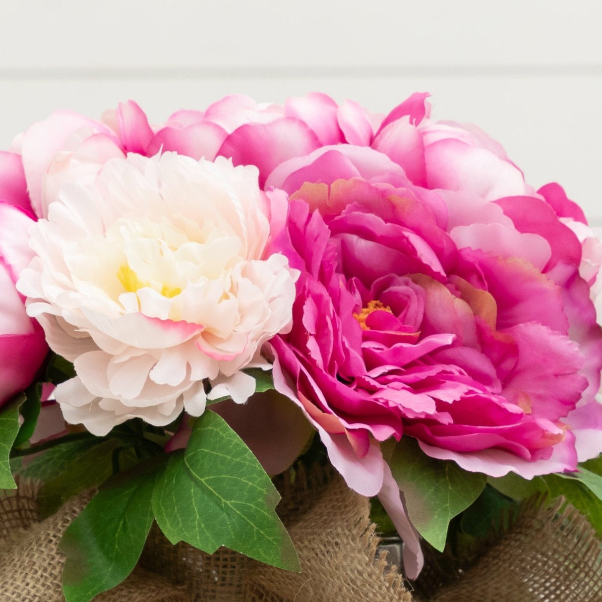12” Artificial Peony Arrangement in Burlap Vase