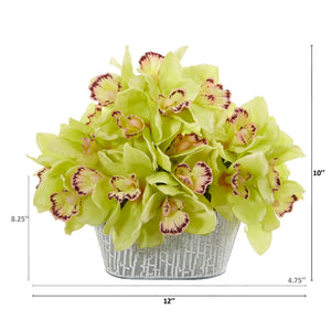 12” Cymbidium Orchid Arrangement in Tin White Vase
