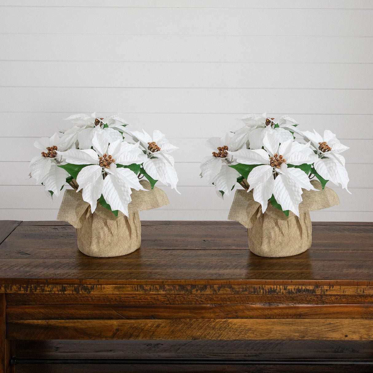 13" Artificial Poinsettia Arrangement in Burlap Planter - Set of 2
