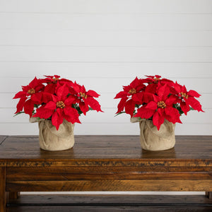 13" Artificial Poinsettia Arrangement in Burlap Planter - Set of 2