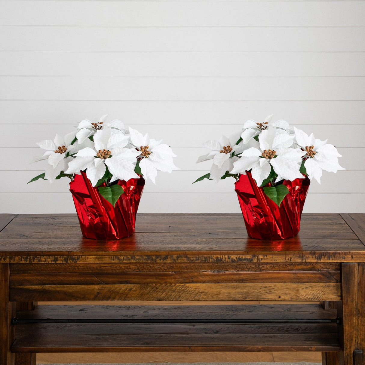 13" Artificial Poinsettia Arrangement in Red Wrapped Planter - Set of 2