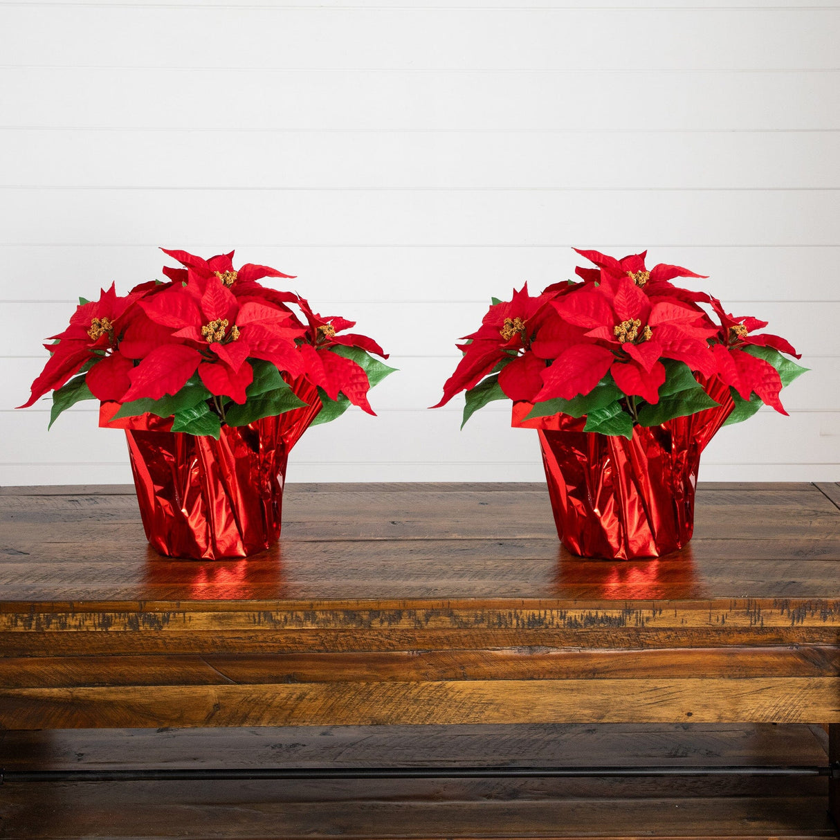 13" Artificial Poinsettia Arrangement in Red Wrapped Planter - Set of 2