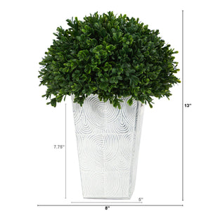 13” Boxwood Topiary Artificial Plant in Embossed White Planter(Indoor/Outdoor)