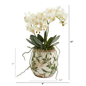 13” Mini Orchid Phalaenopsis Artificial Arrangement in Floral Vase