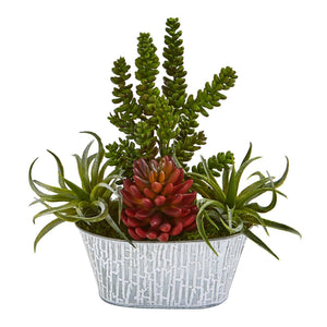 13” Mixed Succulent Artificial Plant in Tin White Planter