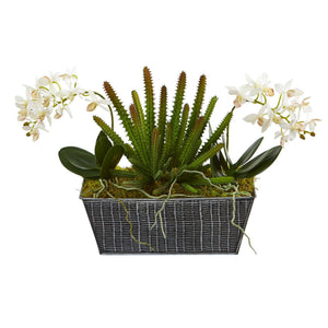 13” Orchid Phalaenopsis and Succulent Artificial Arrangement in Embossed Tin Vase