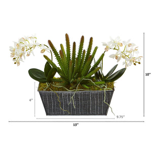 13” Orchid Phalaenopsis and Succulent Artificial Arrangement in Embossed Tin Vase