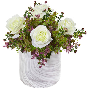 13” Roses & Eucalyptus Artificial Arrangement in Marble Finished Vase