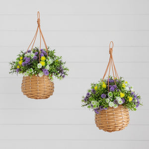 13” UV Resistant Artificial Dandelion and Rosemary in Woven Hanging Basket (Indoor/Outdoor) -Set of 2