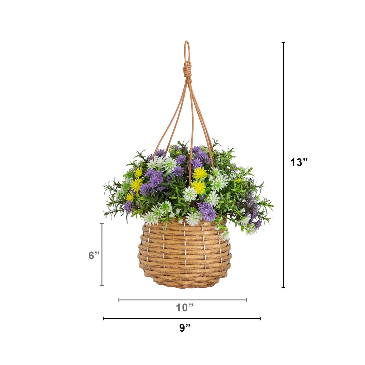 13” UV Resistant Artificial Dandelion and Rosemary in Woven Hanging Basket (Indoor/Outdoor) -Set of 2