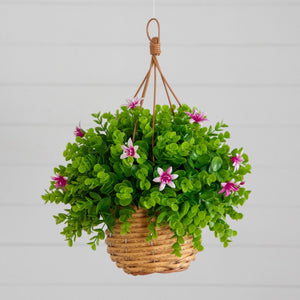 13” UV Resistant Artificial Lily and Eucalyptus Woven Hanging Basket (Indoor/Outdoor)